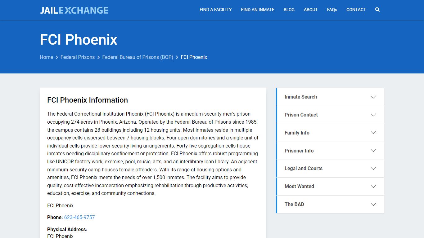 Federal Inmate Search - FCI Phoenix - Jail Exchange